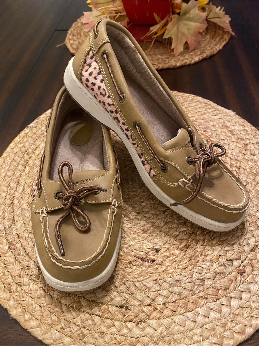 G.H. Bass & Co. Marina Leather Upper Boat Shoes with Leopard Side Panel Sz 7.5